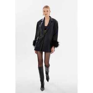 LAMARQUE Galia Black Faux Leather Feather Trim Oversized Blazer, Size XS/S